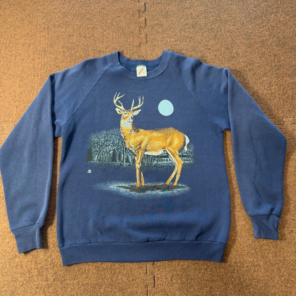 Vintage 1987 Jerzees Navy Blue Deer Buck Nature Sweatshirt Men Large Made in USA